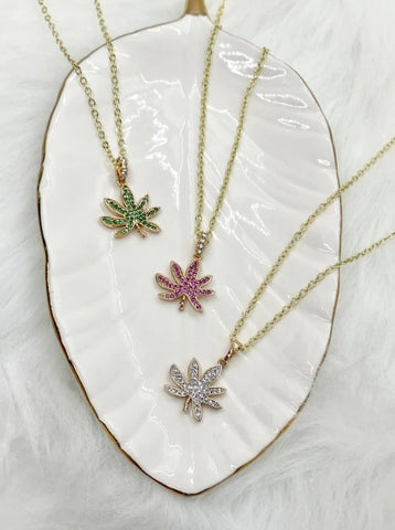 Pink Rhinestone Leaf Necklace