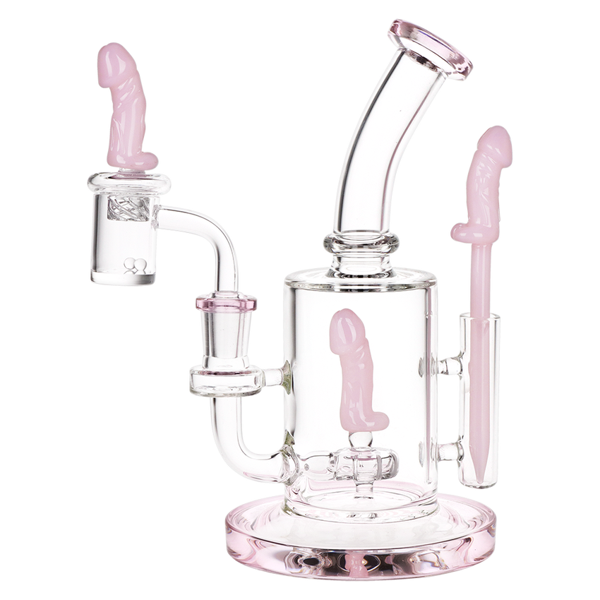 Clear glass water pipe dab rig with pink penis tool and carb cap 