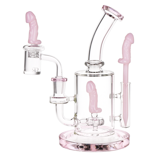 Clear glass water pipe dab rig with pink penis tool and carb cap 