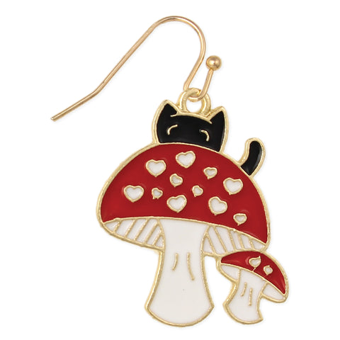 Mushroom Earrings with Black Cat